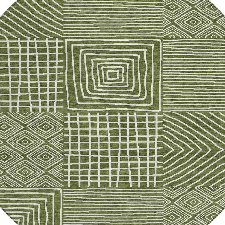 8' Olive Green And Ivory Round Geometric Washable Indoor Outdoor Area Rug