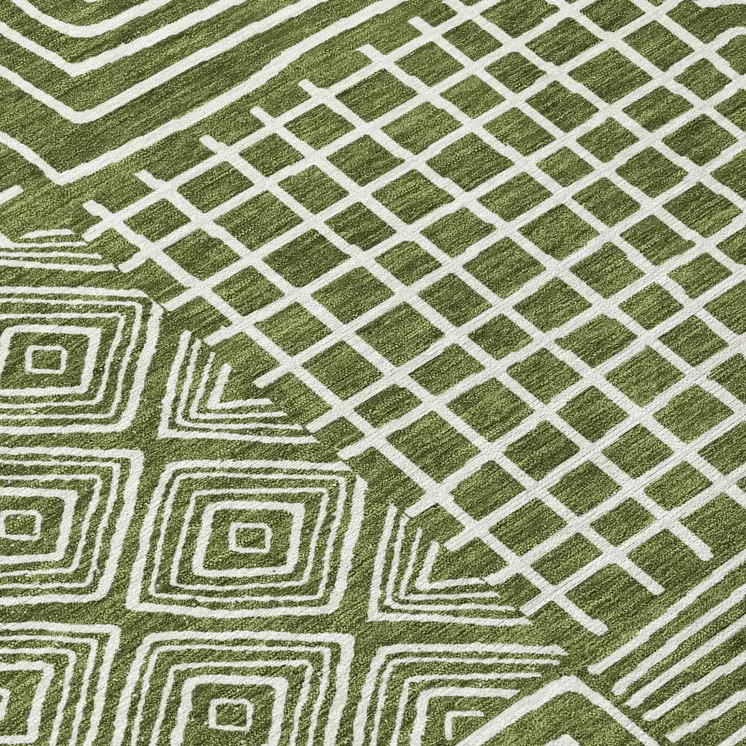 8' Olive Green And Ivory Round Geometric Washable Indoor Outdoor Area Rug