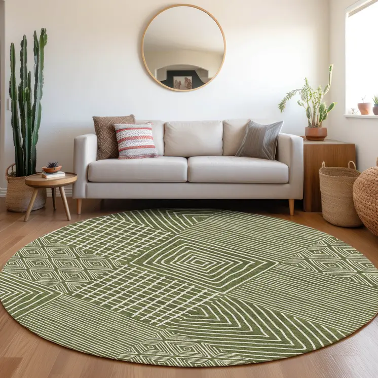 8' Olive Green And Ivory Round Geometric Washable Indoor Outdoor Area Rug