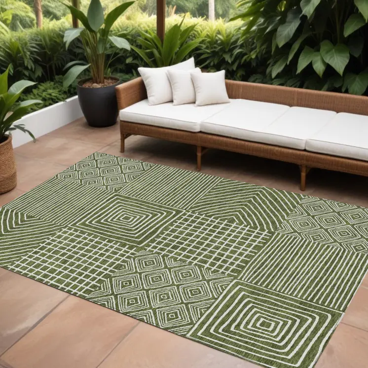 9' X 12' Olive Green And Ivory Geometric Washable Indoor Outdoor Area Rug