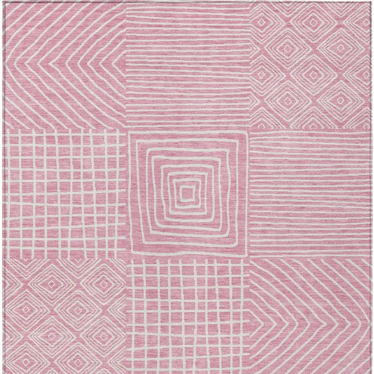 3' X 5' Pink And Ivory Geometric Washable Indoor Outdoor Area Rug