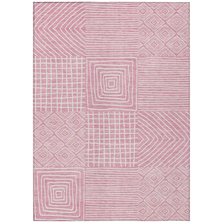 3' X 5' Pink And Ivory Geometric Washable Indoor Outdoor Area Rug