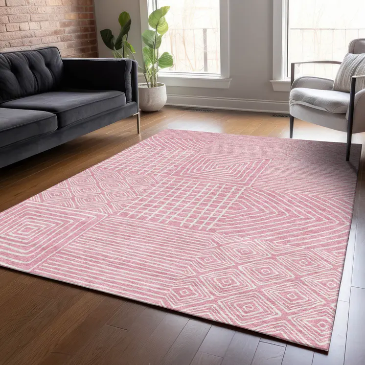 3' X 5' Pink And Ivory Geometric Washable Indoor Outdoor Area Rug