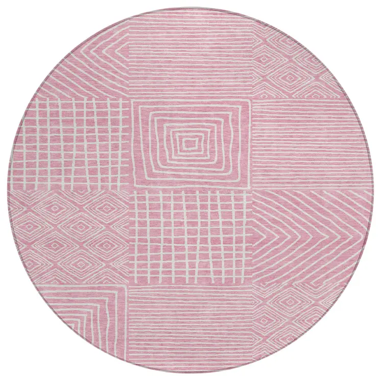 8' Pink And Ivory Round Geometric Washable Indoor Outdoor Area Rug