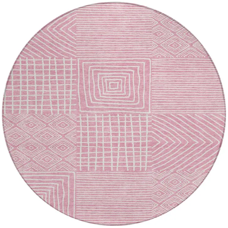 8' Pink And Ivory Round Geometric Washable Indoor Outdoor Area Rug