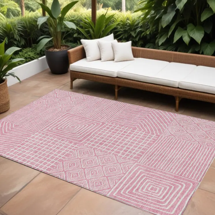 10' X 14' Pink And Ivory Geometric Washable Indoor Outdoor Area Rug