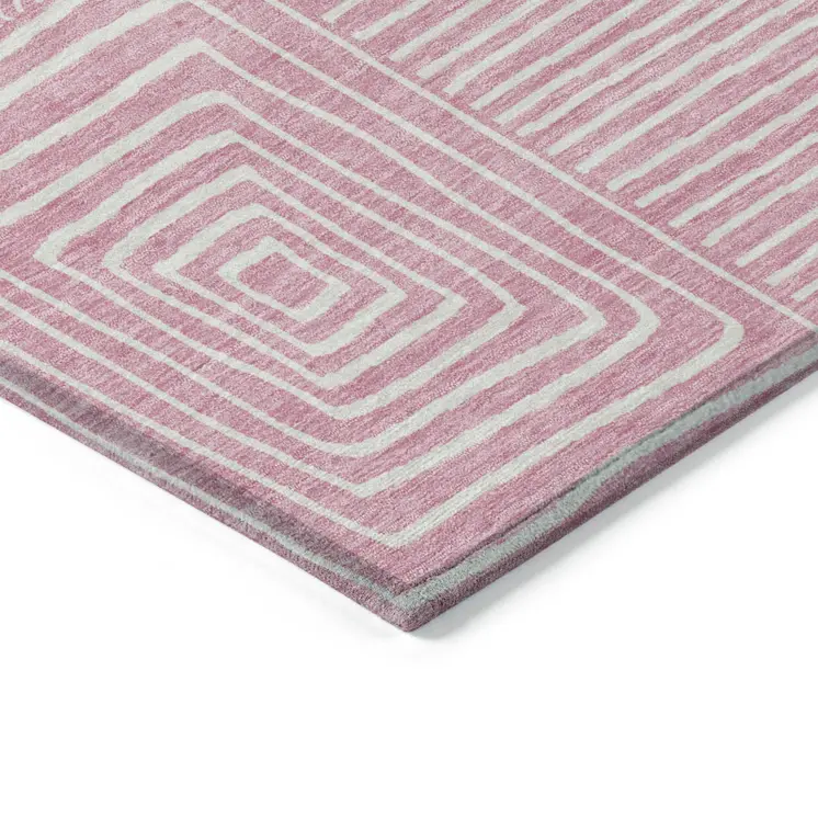 10' X 14' Pink And Ivory Geometric Washable Indoor Outdoor Area Rug