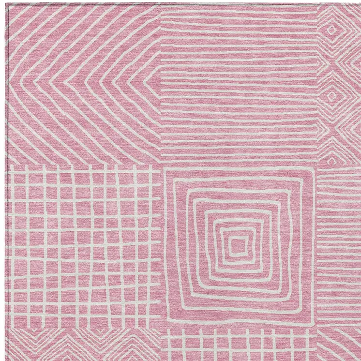 10' X 14' Pink And Ivory Geometric Washable Indoor Outdoor Area Rug