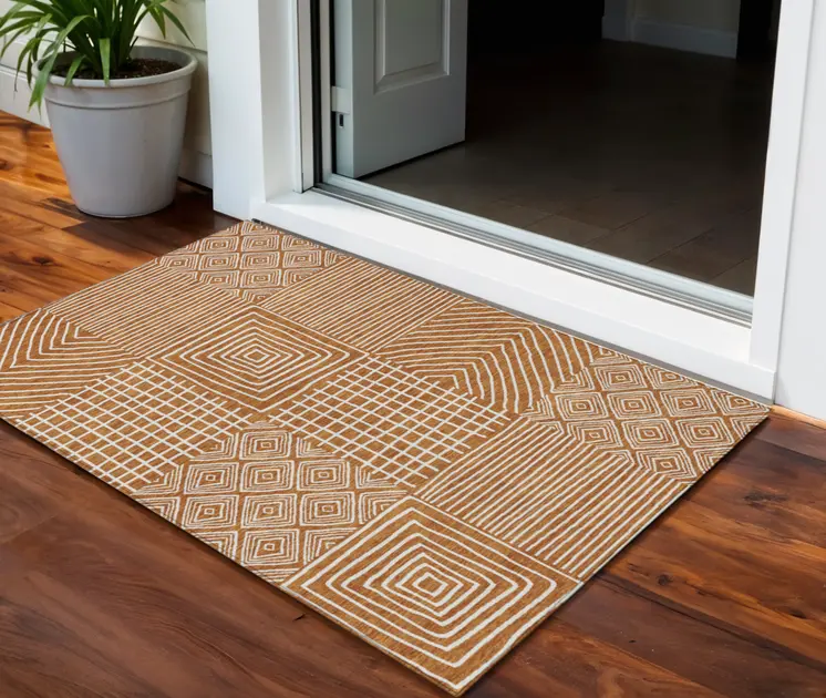 3' X 5' Copper And Ivory Geometric Washable Indoor Outdoor Area Rug