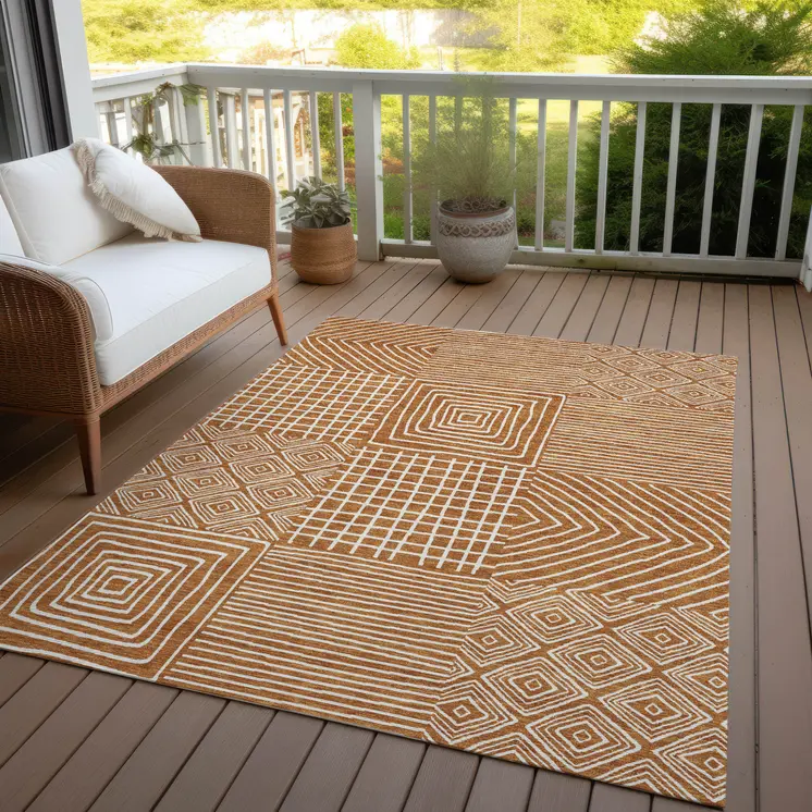 3' X 5' Copper And Ivory Geometric Washable Indoor Outdoor Area Rug