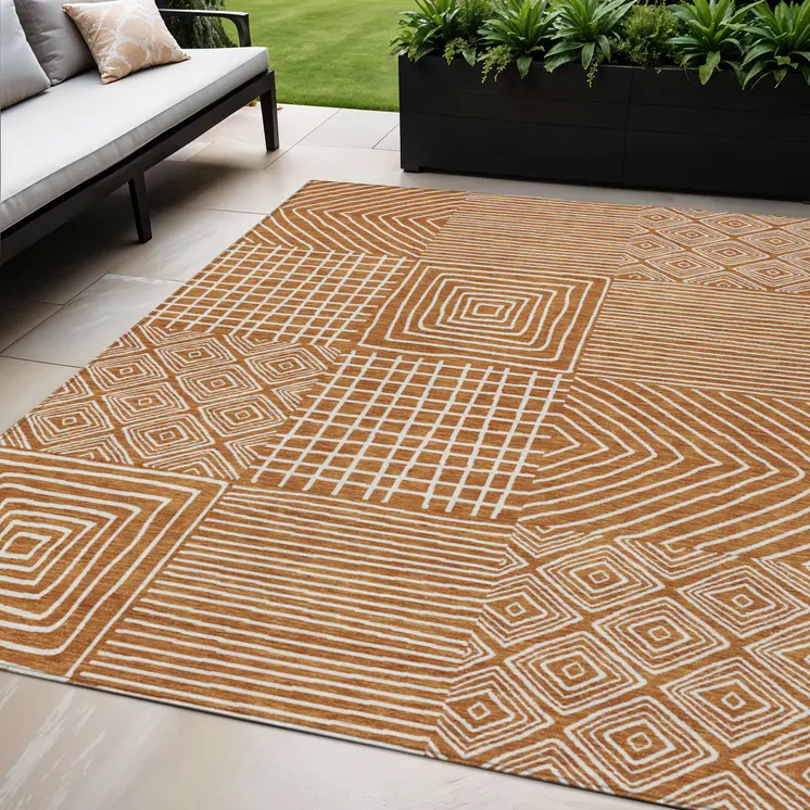 5' X 8' Copper And Ivory Geometric Washable Indoor Outdoor Area Rug