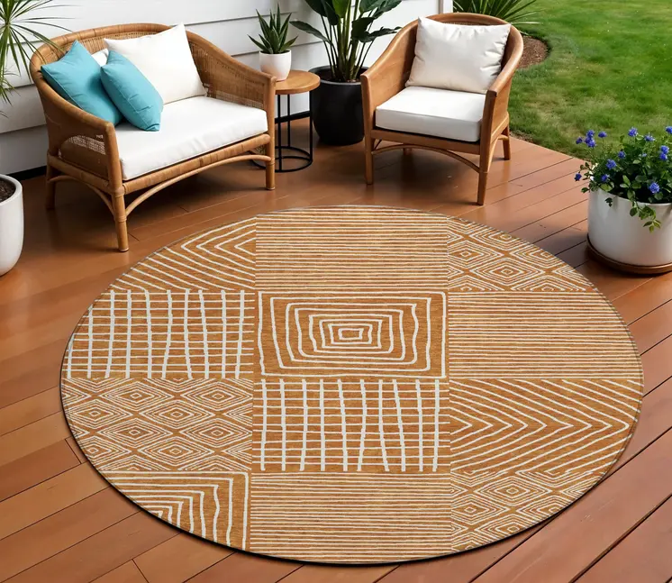 8' Copper And Ivory Round Geometric Washable Indoor Outdoor Area Rug