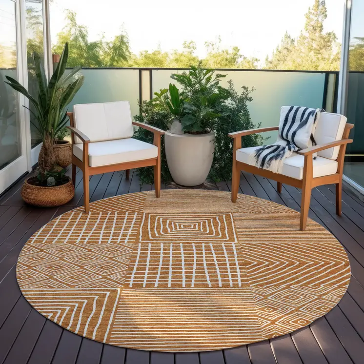 8' Copper And Ivory Round Geometric Washable Indoor Outdoor Area Rug