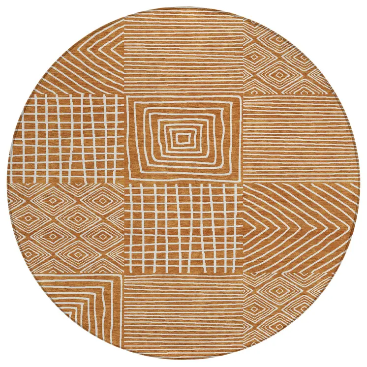 8' Copper And Ivory Round Geometric Washable Indoor Outdoor Area Rug