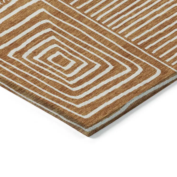 8' Copper And Ivory Round Geometric Washable Indoor Outdoor Area Rug