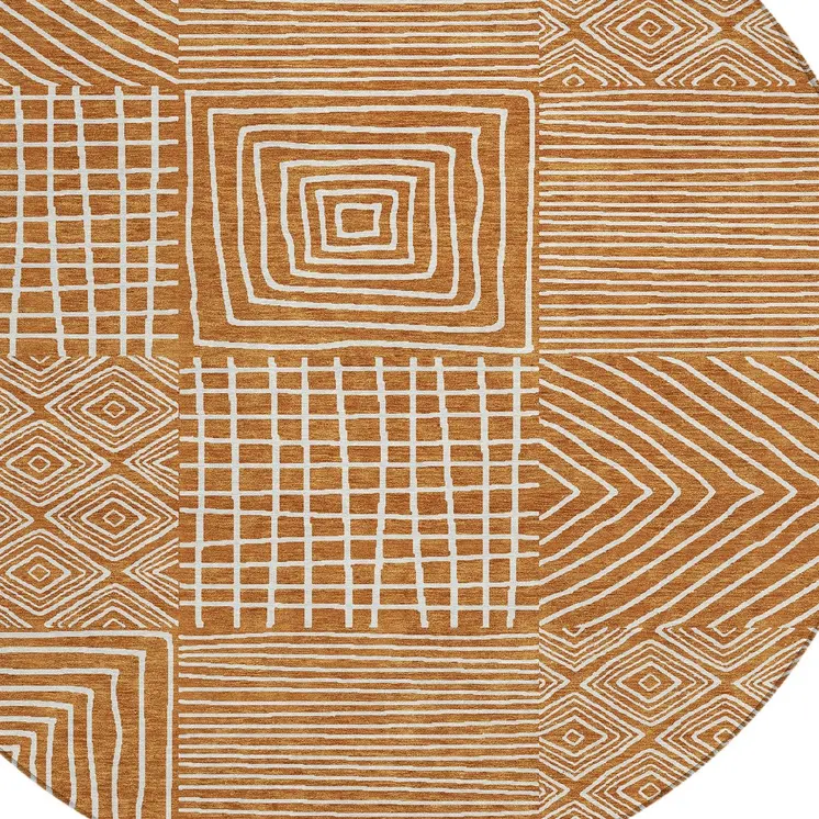 8' Copper And Ivory Round Geometric Washable Indoor Outdoor Area Rug