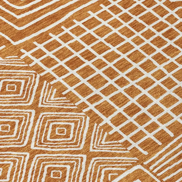 8' Copper And Ivory Round Geometric Washable Indoor Outdoor Area Rug