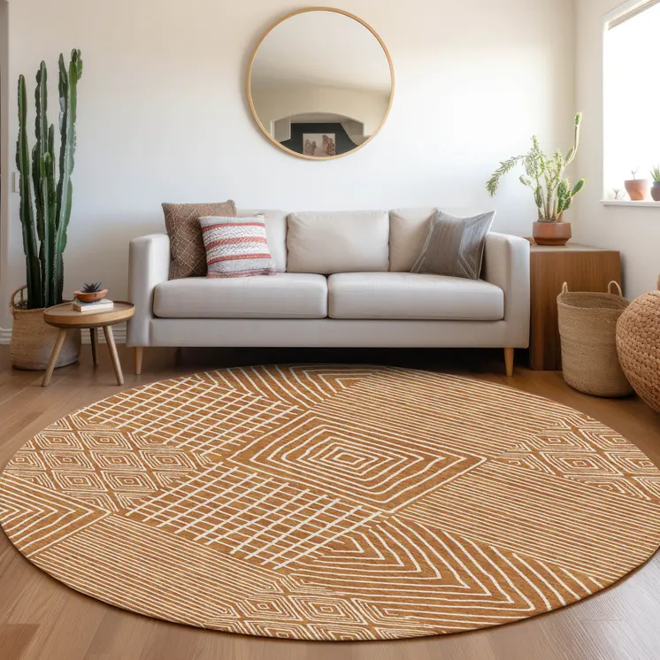 8' Copper And Ivory Round Geometric Washable Indoor Outdoor Area Rug