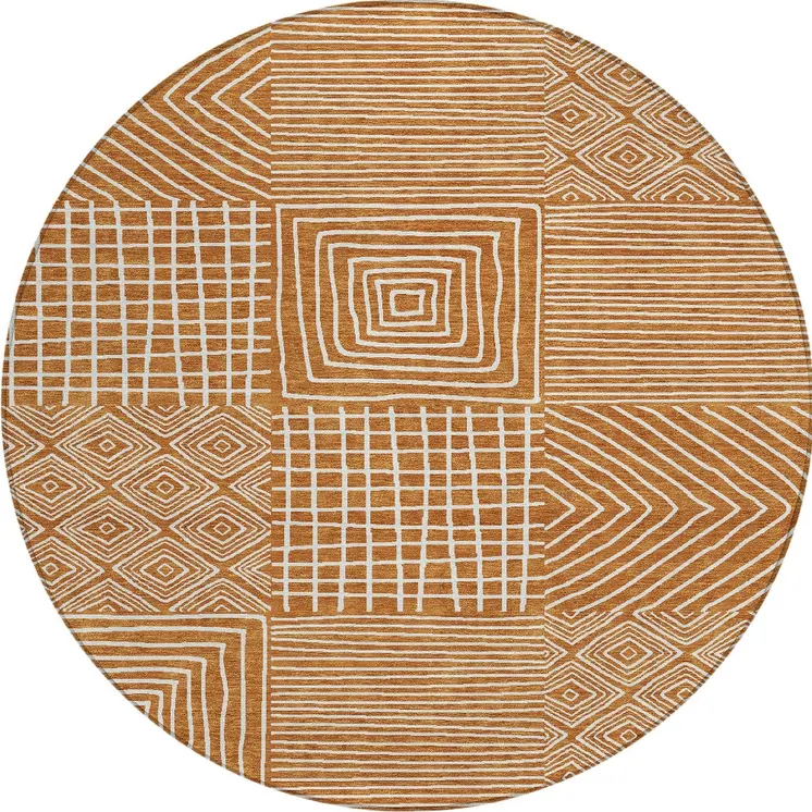 8' Copper And Ivory Round Geometric Washable Indoor Outdoor Area Rug