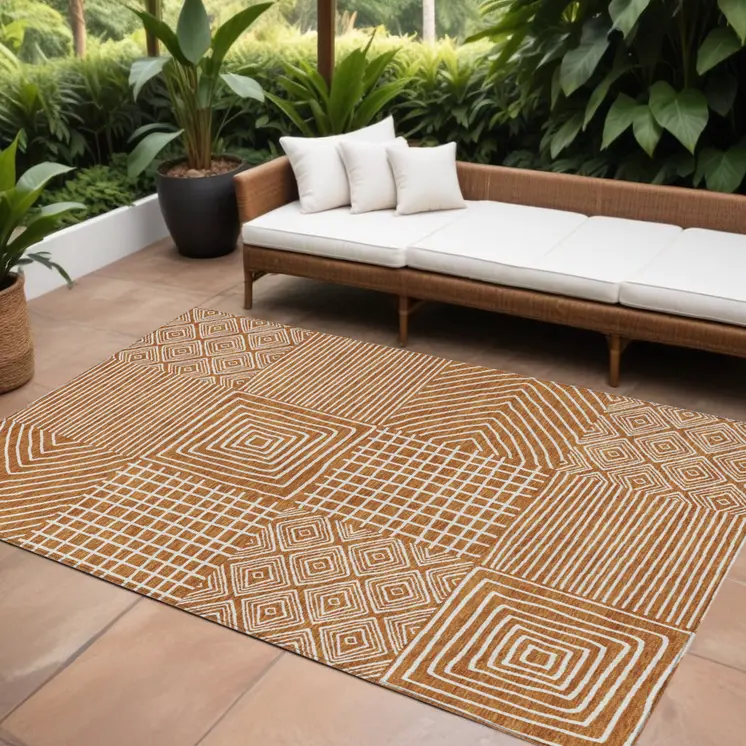 10' X 14' Copper And Ivory Geometric Washable Indoor Outdoor Area Rug