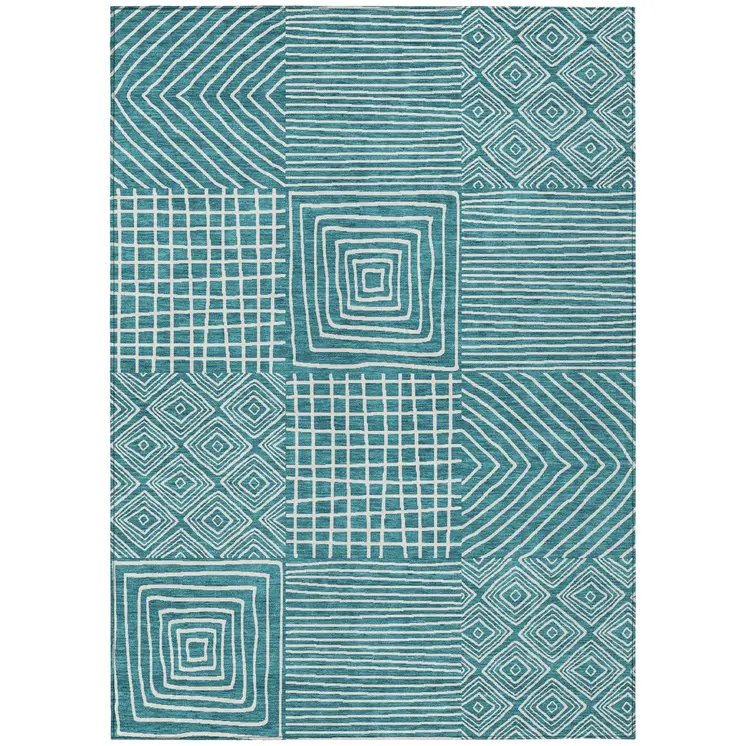 5' X 8' Teal Blue And Ivory Geometric Washable Indoor Outdoor Area Rug
