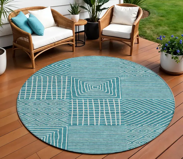 8' Teal Blue And Ivory Round Geometric Washable Indoor Outdoor Area Rug