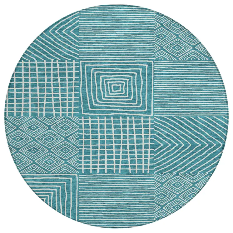 8' Teal Blue And Ivory Round Geometric Washable Indoor Outdoor Area Rug