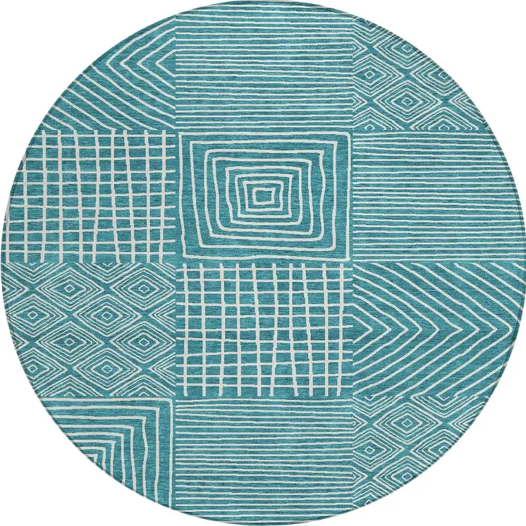 8' Teal Blue And Ivory Round Geometric Washable Indoor Outdoor Area Rug