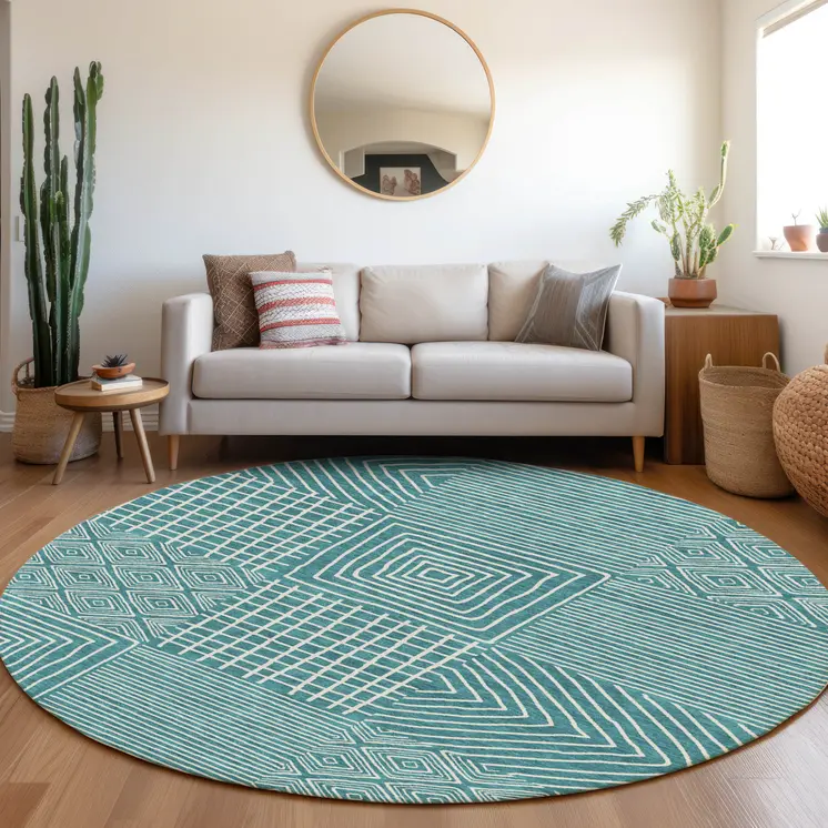 8' Teal Blue And Ivory Round Geometric Washable Indoor Outdoor Area Rug