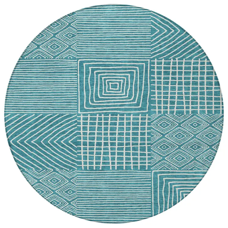 8' Teal Blue And Ivory Round Geometric Washable Indoor Outdoor Area Rug