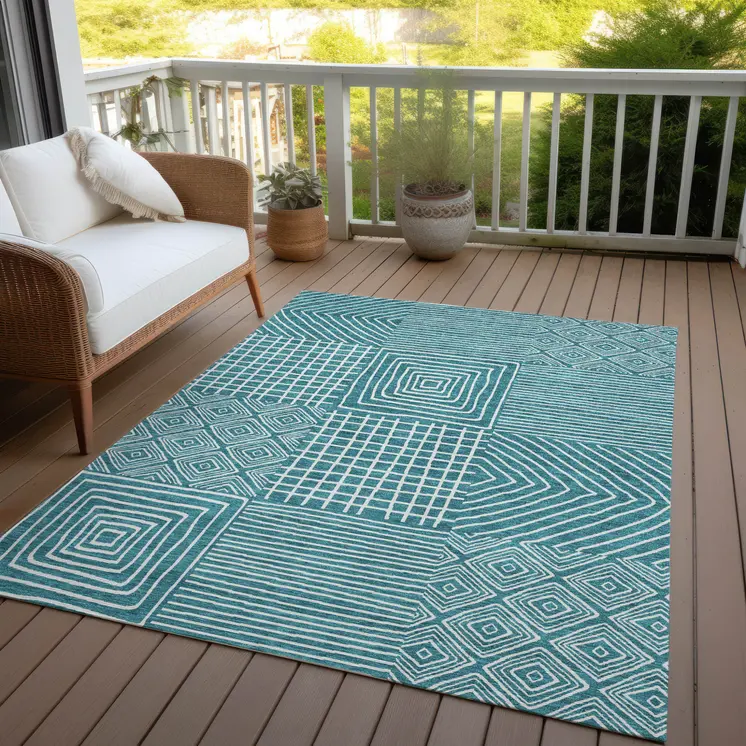 8' X 10' Teal Blue And Ivory Geometric Washable Indoor Outdoor Area Rug