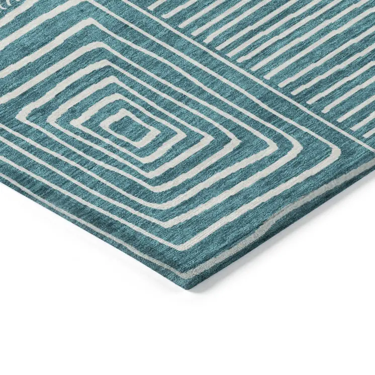 8' X 10' Teal Blue And Ivory Geometric Washable Indoor Outdoor Area Rug