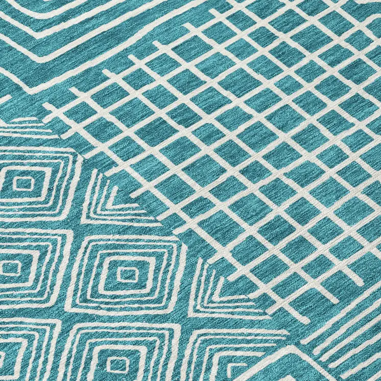 8' X 10' Teal Blue And Ivory Geometric Washable Indoor Outdoor Area Rug