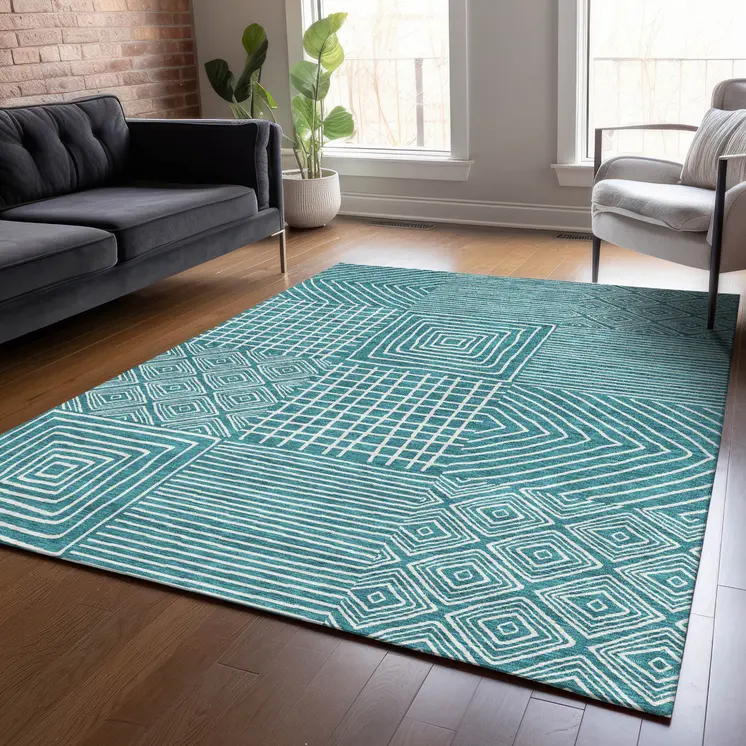 8' X 10' Teal Blue And Ivory Geometric Washable Indoor Outdoor Area Rug