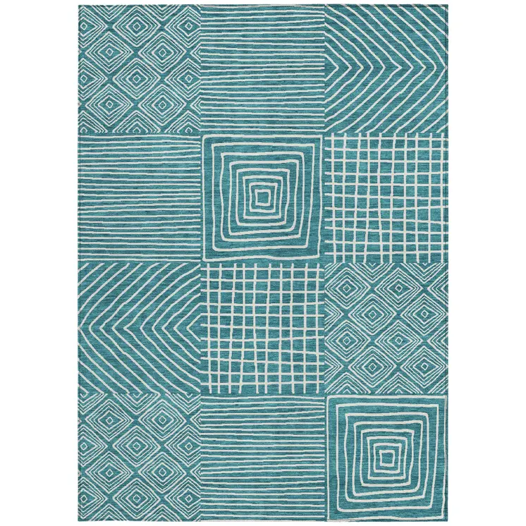 9' X 12' Teal Blue And Ivory Geometric Washable Indoor Outdoor Area Rug