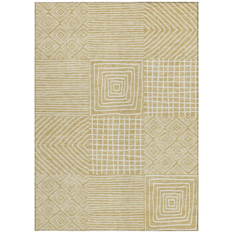 5' X 8' Wheat And Ivory Geometric Washable Indoor Outdoor Area Rug