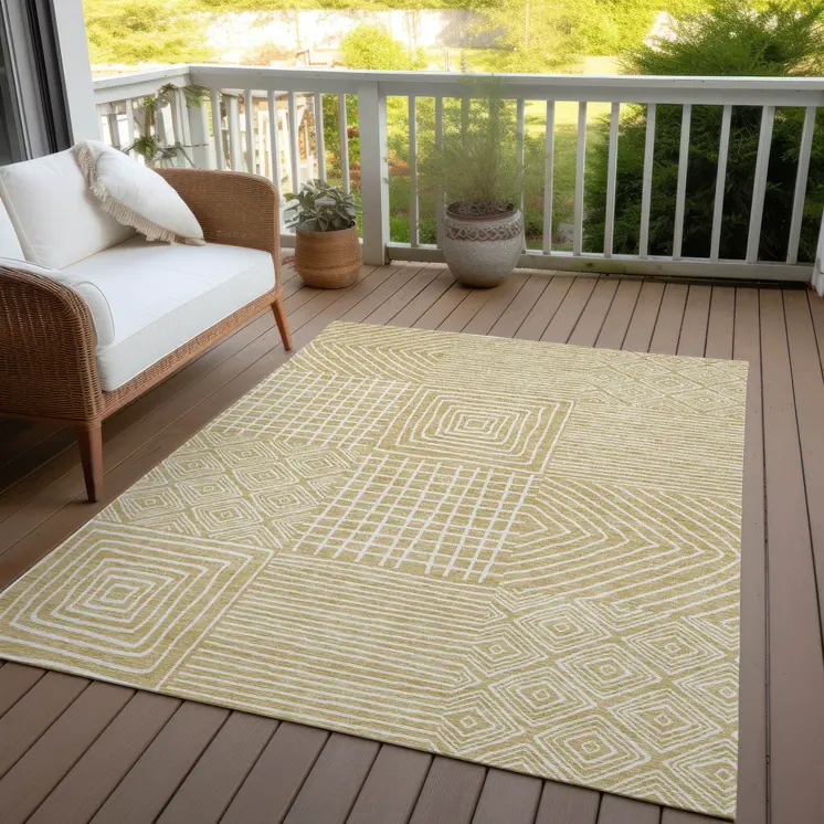 5' X 8' Wheat And Ivory Geometric Washable Indoor Outdoor Area Rug