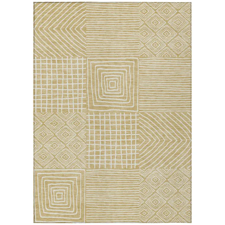 5' X 8' Wheat And Ivory Geometric Washable Indoor Outdoor Area Rug
