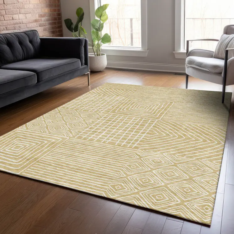 5' X 8' Wheat And Ivory Geometric Washable Indoor Outdoor Area Rug