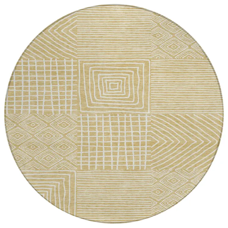 8' Wheat And Ivory Round Geometric Washable Indoor Outdoor Area Rug