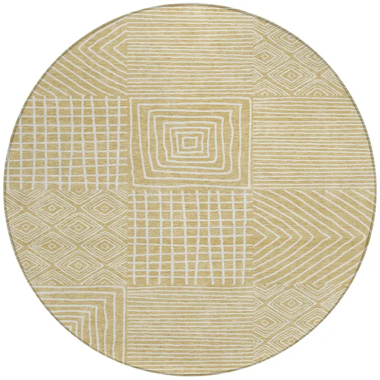 8' Wheat And Ivory Round Geometric Washable Indoor Outdoor Area Rug