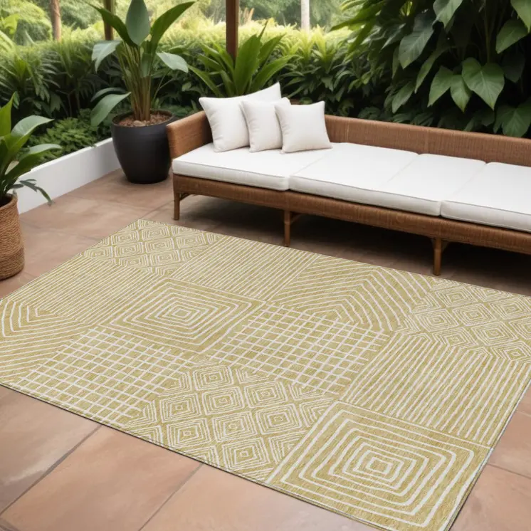 10' X 14' Wheat And Ivory Geometric Washable Indoor Outdoor Area Rug