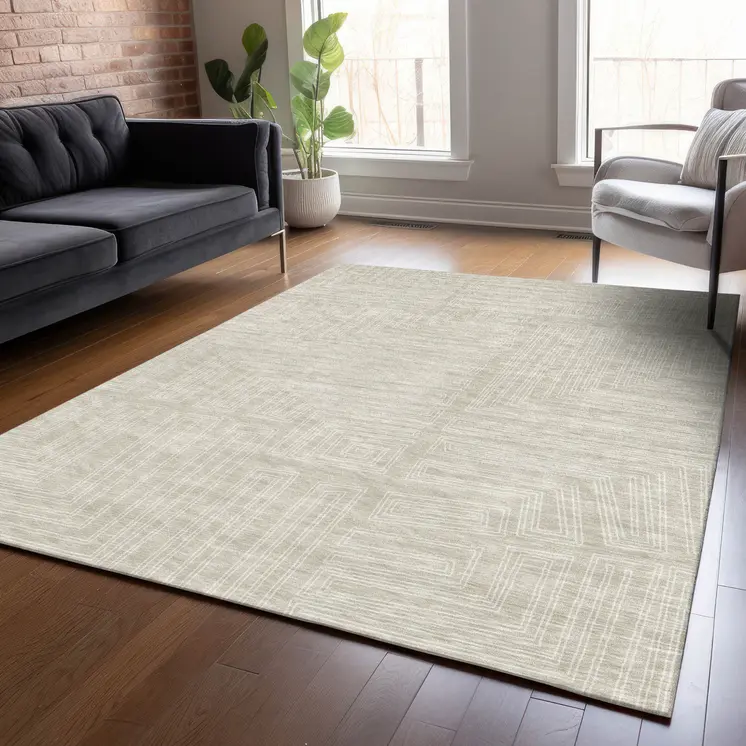 3' X 5' Beige And Ivory Geometric Washable Indoor Outdoor Area Rug