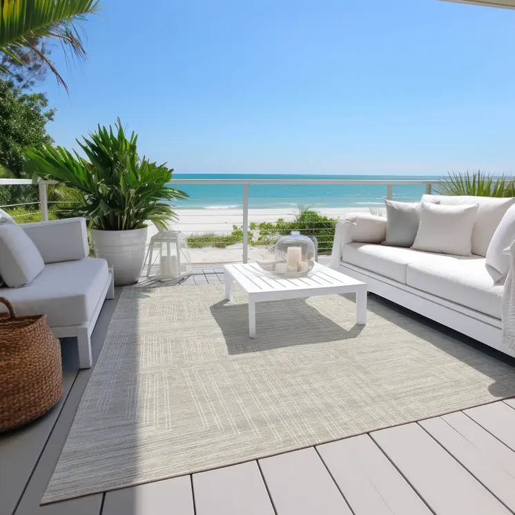 3' X 5' Beige And Ivory Geometric Washable Indoor Outdoor Area Rug