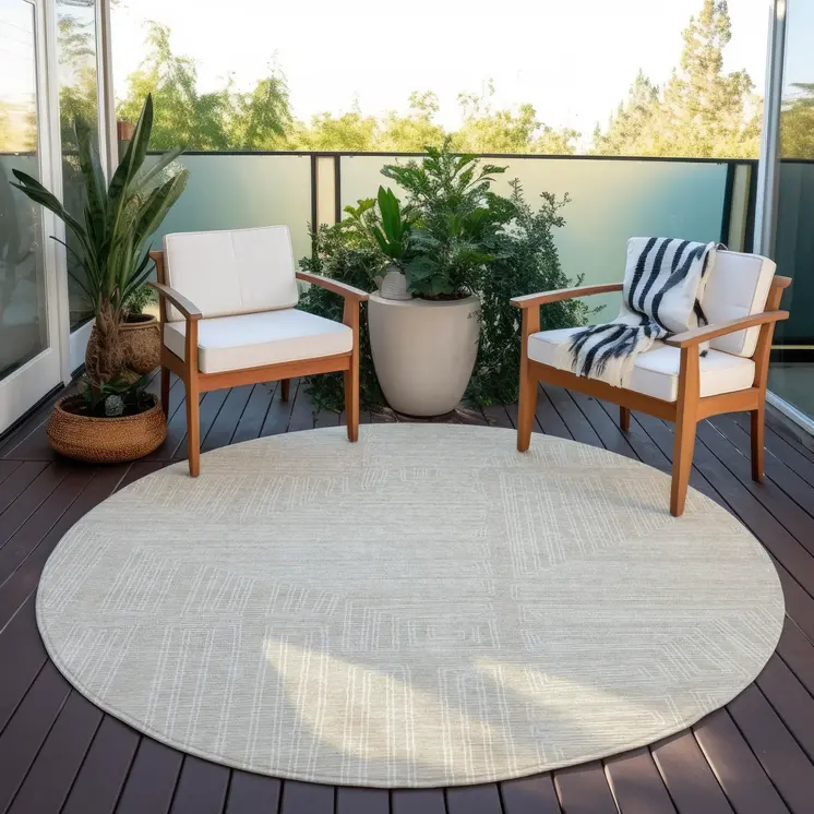8' Beige And Ivory Round Geometric Washable Indoor Outdoor Area Rug