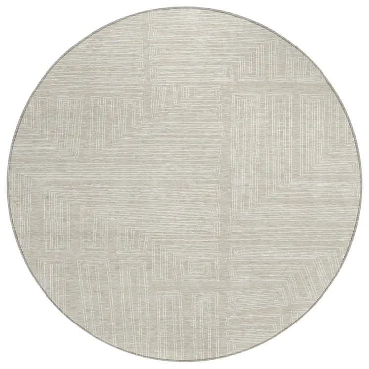 8' Beige And Ivory Round Geometric Washable Indoor Outdoor Area Rug