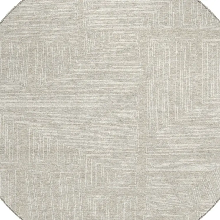 8' Beige And Ivory Round Geometric Washable Indoor Outdoor Area Rug