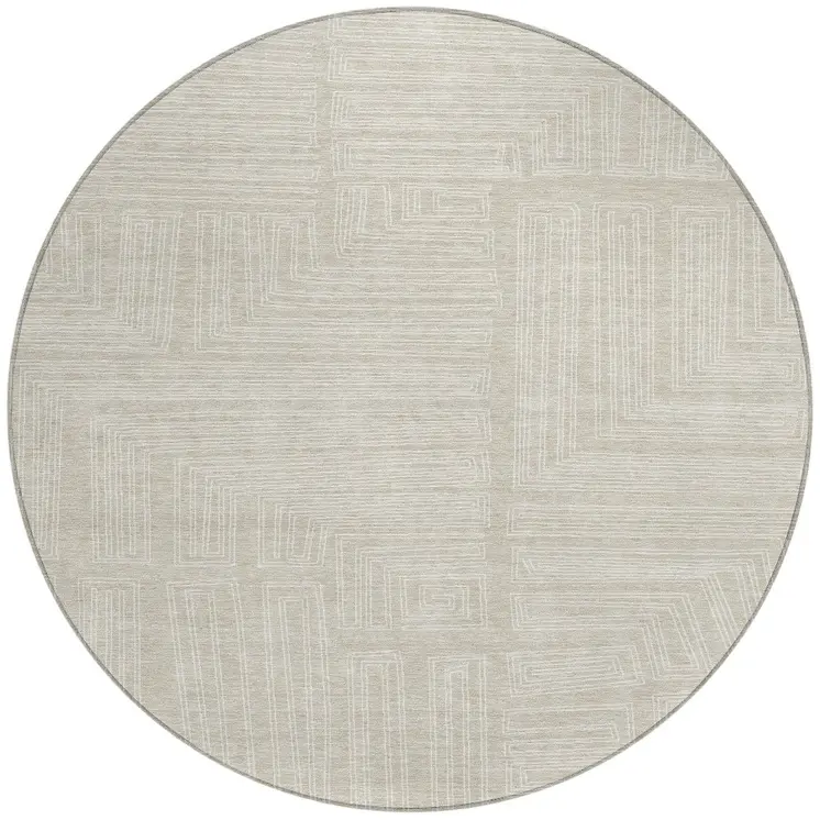 8' Beige And Ivory Round Geometric Washable Indoor Outdoor Area Rug