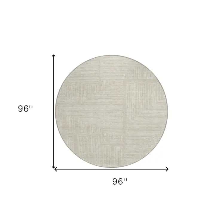 8' Beige And Ivory Round Geometric Washable Indoor Outdoor Area Rug