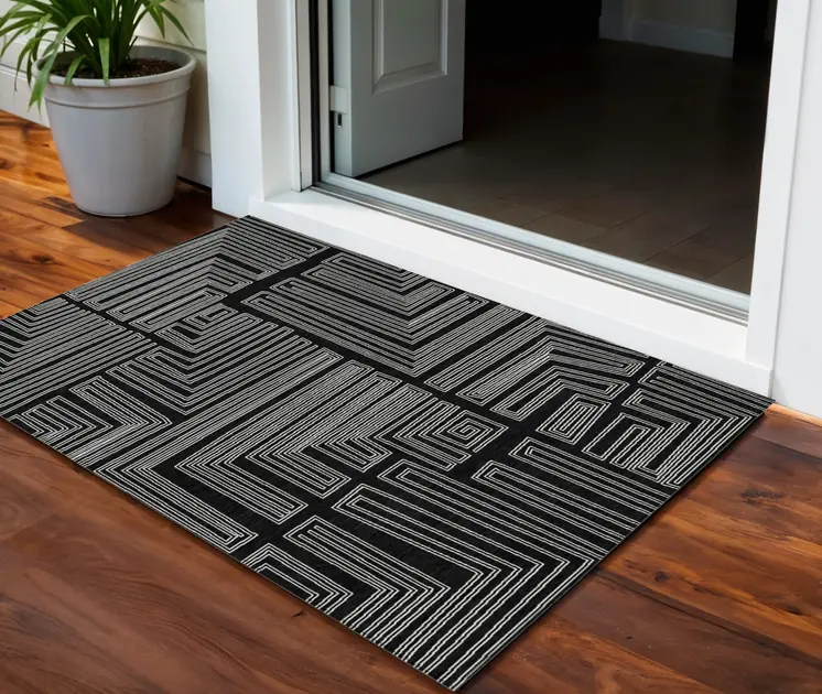 3' X 5' Black And Ivory Geometric Washable Indoor Outdoor Area Rug